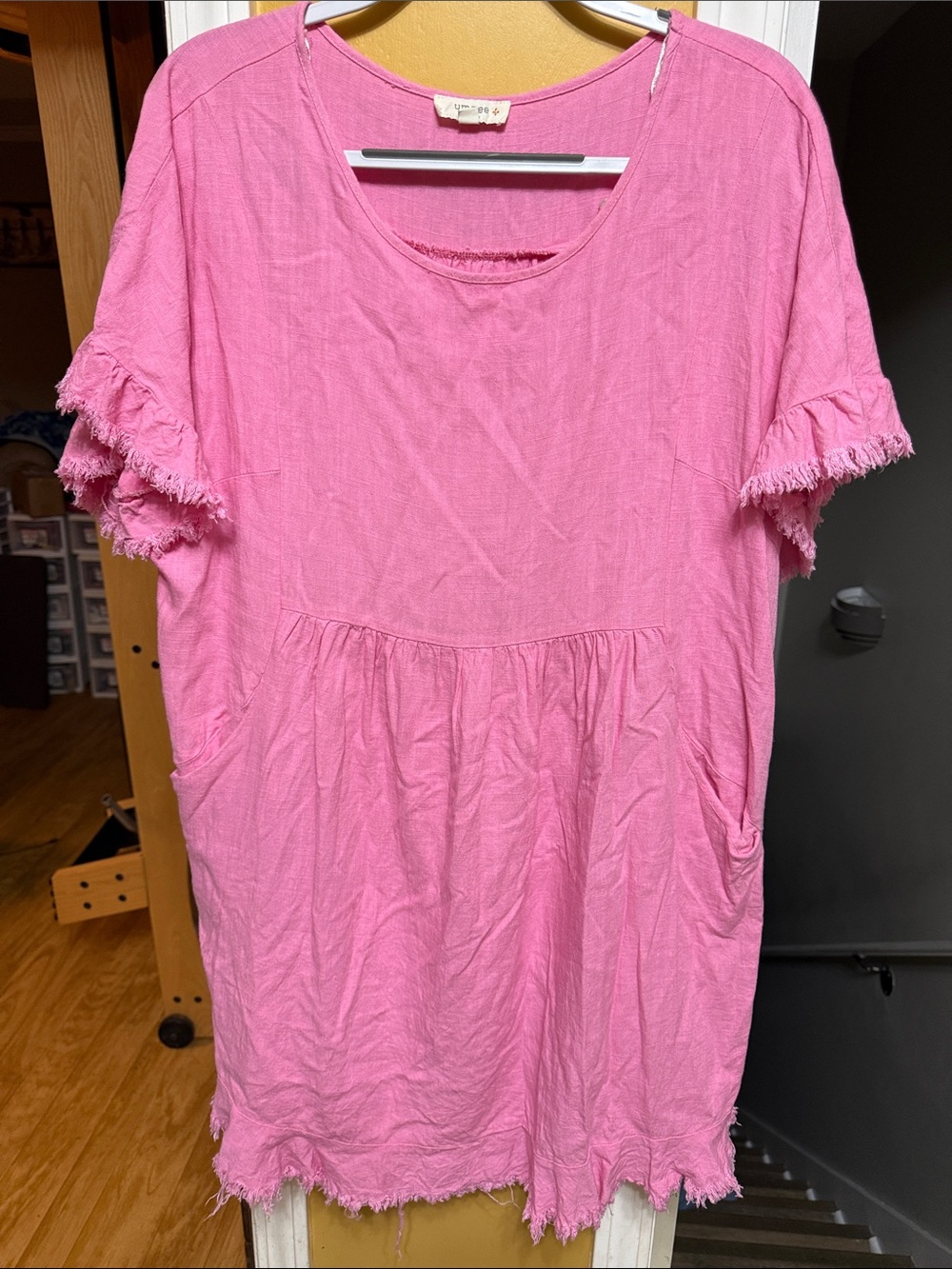 Umgee 2XL Pink Linen Blend Tunic Dress Frayed Hem Pockets Boho Cottagecore